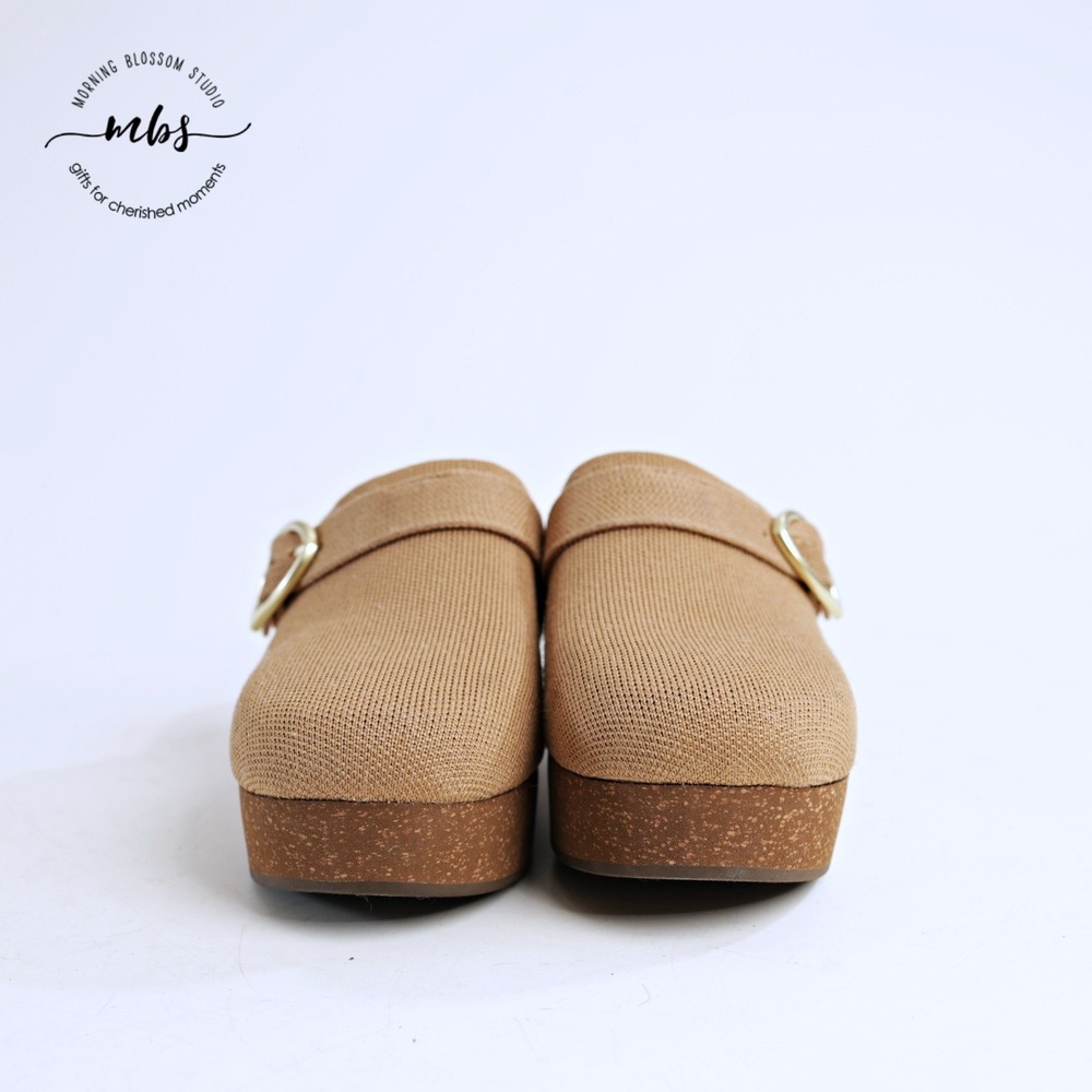 Rothy's Tan Canvas Clog Mules with Gold Buckle - Picture 2 of 14